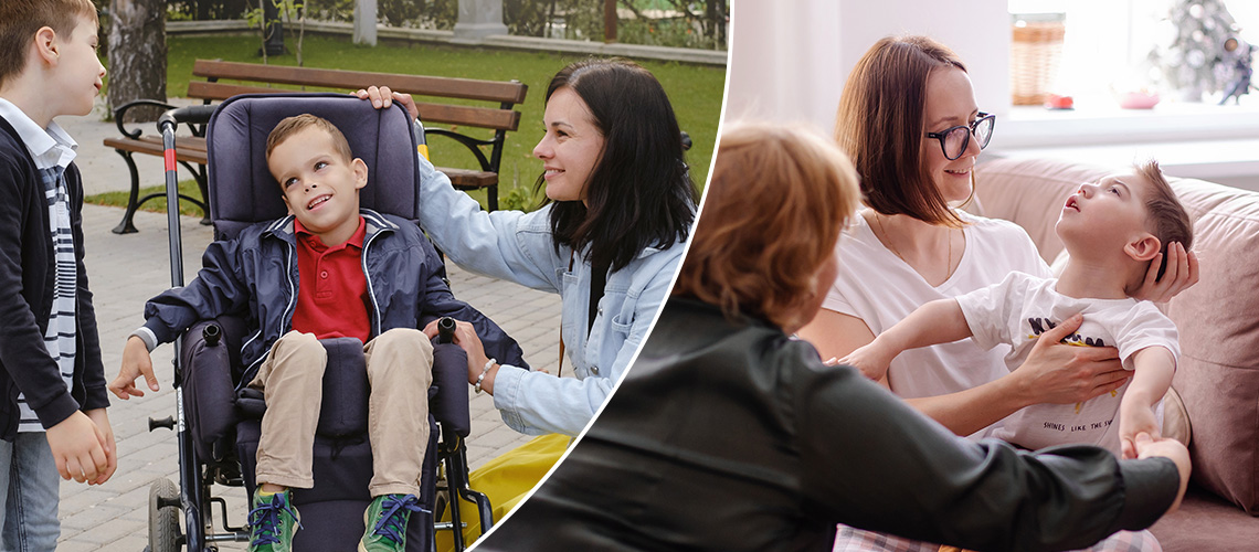 Behinderter Junge sitzt im Rollstuhl, daneben eine Frau die lächelt. Daneben: Behinderter Junge bekommt Physiotherapie.
