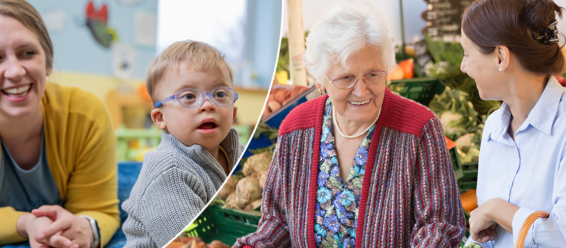 Ein Junge mit Downsyndrom, im Hintergrund eine lachende Frau. Daneben: Seniorin beim Einkaufen lachend mit junger Frau.