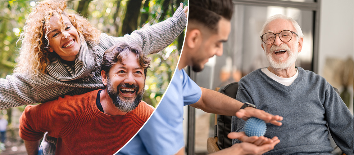 Lachende Frau sitzt auf dem Rücken eines Mannes. Daneben: Pfleger trainiert mit einem älteren Mann mit einem Massageball, beide lachen.