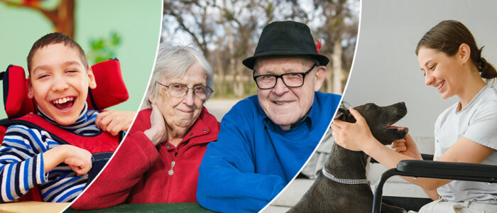 Lachender behinderter Junge, älteres Ehepaar, Frau im Rollstuhl die einen Hund streichelt