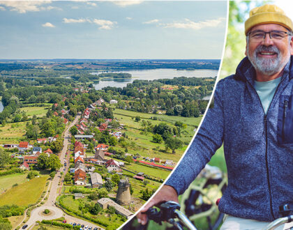 Feldberger Seenlandschaft als Luftbild und zwei ältere lachende Männer auf dem Fahrrad