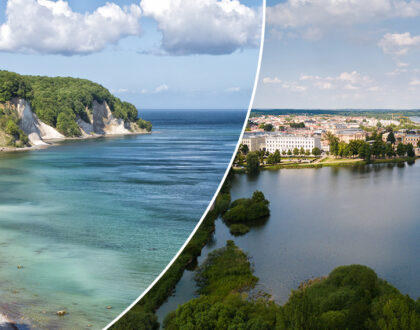 Meer mit Kreidefelsen. Daneben: Seenlandschaft mit einem Schloss.