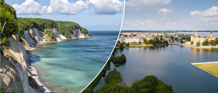 Meer mit Kreidefelsen. Daneben: Seenlandschaft mit einem Schloss.