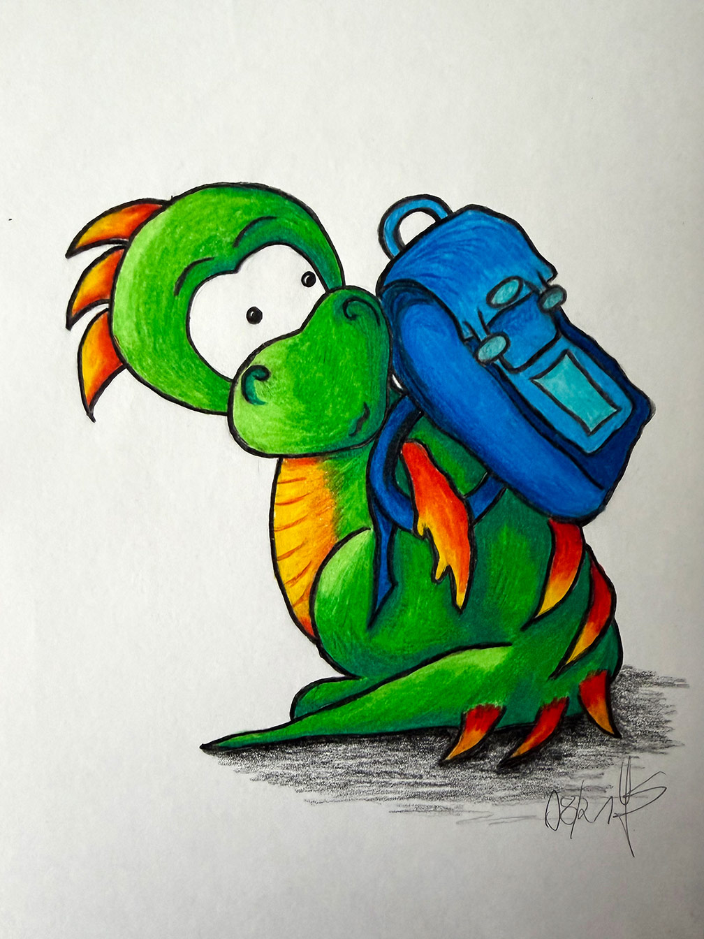 Unser Drache Drummel mit einem Schulranzen.