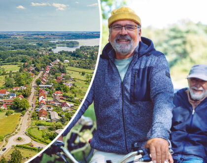 Startseite Slider 3_Mobil Feldberger Seenlandschaft als Luftbild und zwei ältere lachende Männer auf dem Fahrrad