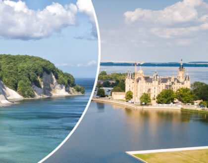 Startseite Slider 4 Meer mit Kreidefelsen. Daneben: Seenlandschaft mit einem Schloss.